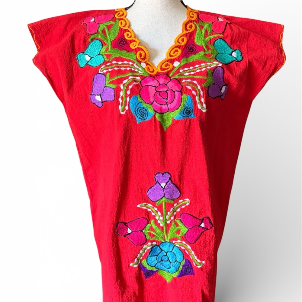 Vibrant Red Mexican Embroidered Tunic